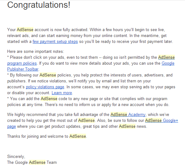 Adsense's Approval Email